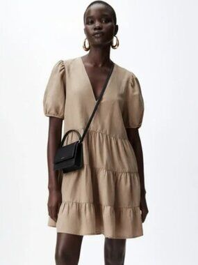 XS Zara Khaki Puff Sleeve Linen Blend Tiered Mini Babydoll V Neck Dress